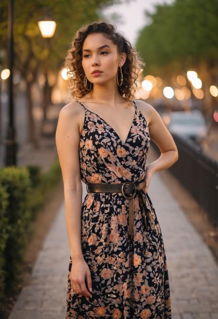 00187-Midshot, woman, dusk setting, outdoor, floral dress, black belt, standing, bokeh background, street lights, tree-lined pathway,.png